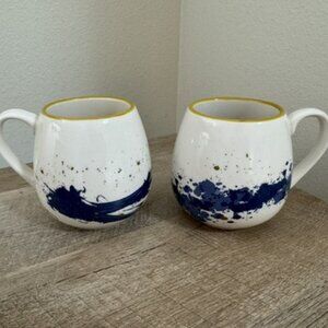 MERITAGE Stoneware Art Coffee Mugs Cups White Blue Wave Gold Flecks Set Of 2